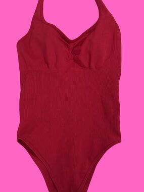 Ribbed Red One-Piece Halter Bodysuit